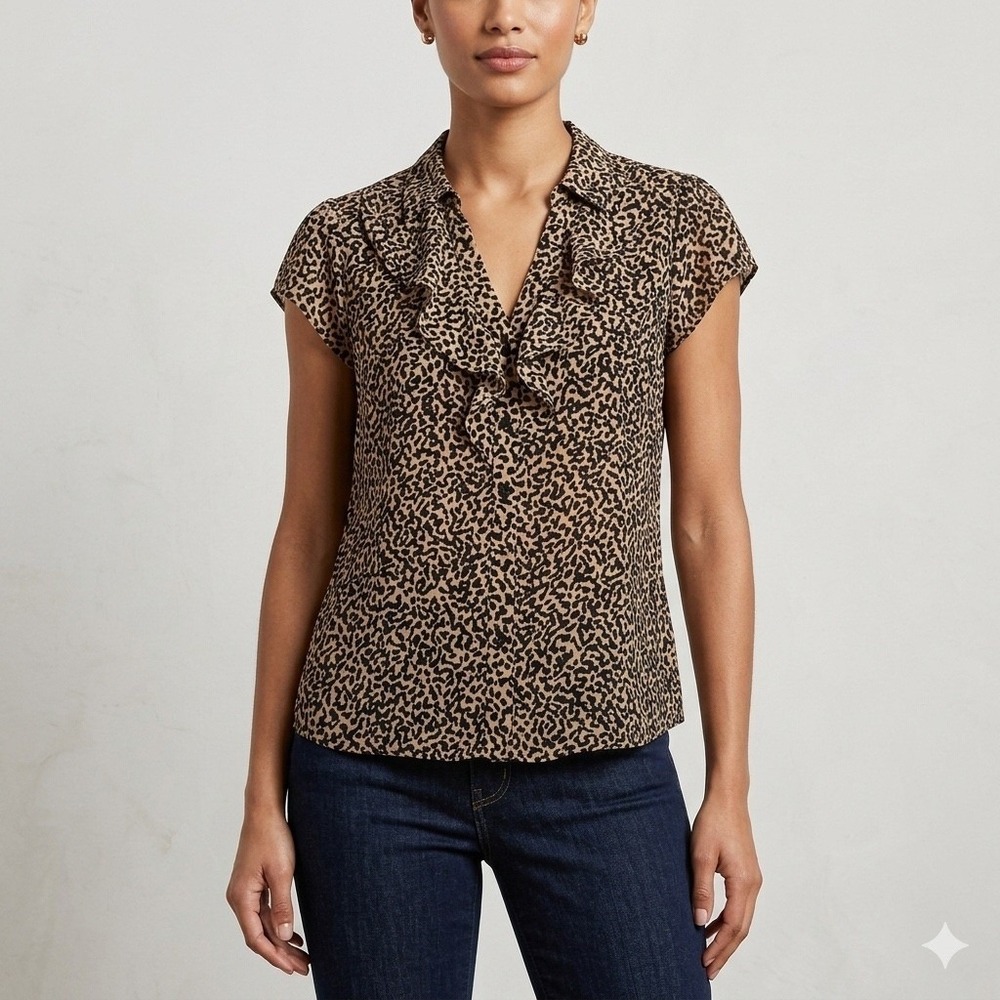 Banana Republic Silk Cotton Blend Leopard Print Ruffle Cap Sleeve Blouse Large